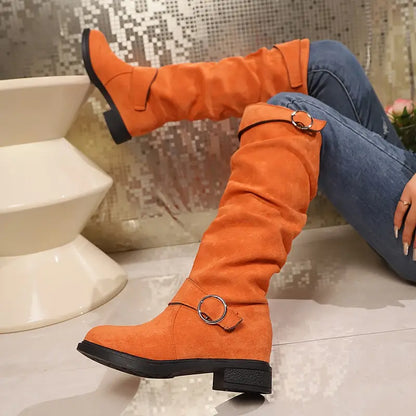 🎄Last day 49% Off❤️ Women's Buckle Belt Pull On Chunky Heel High Knee Boots, Winter Round Toe Slouchy Boots