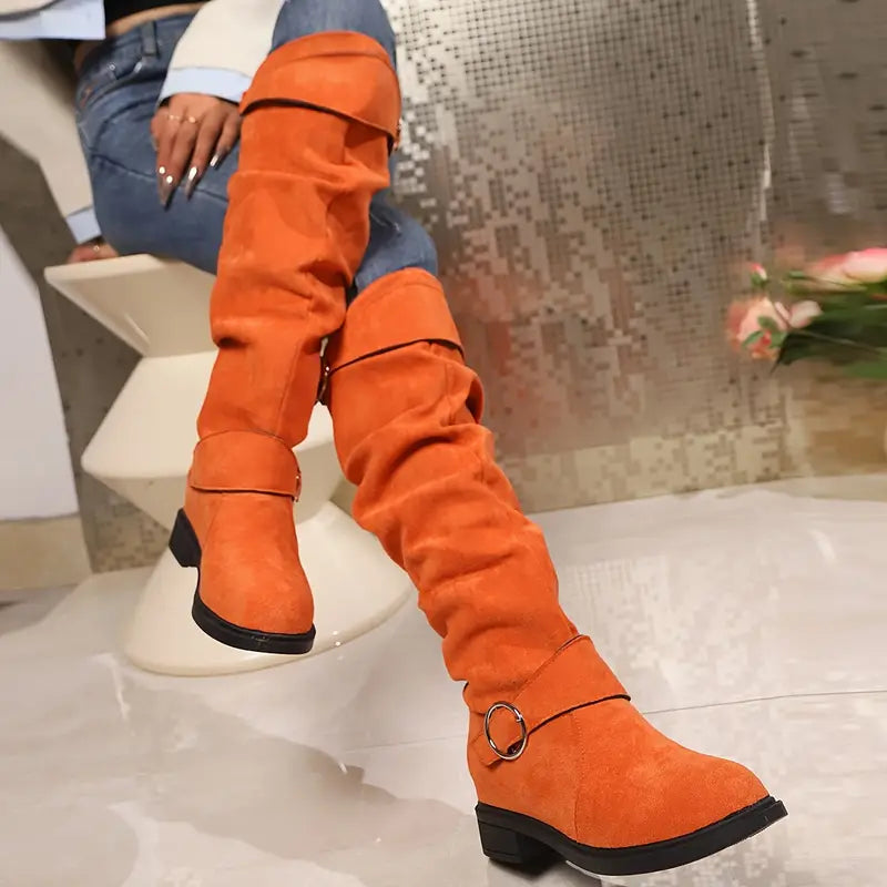 🎄Last day 49% Off❤️ Women's Buckle Belt Pull On Chunky Heel High Knee Boots, Winter Round Toe Slouchy Boots