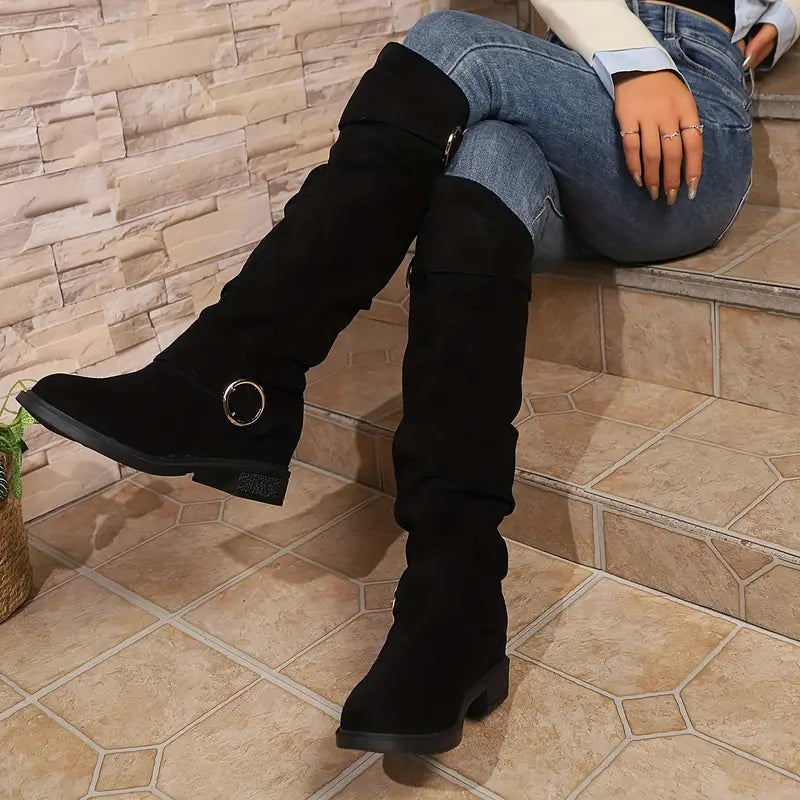 🎄Last day 49% Off❤️ Women's Buckle Belt Pull On Chunky Heel High Knee Boots, Winter Round Toe Slouchy Boots